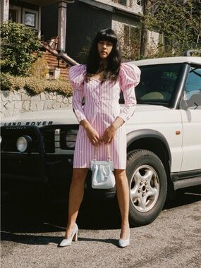 Striped Pink Puff-Sleeve Cotton Tunic Top